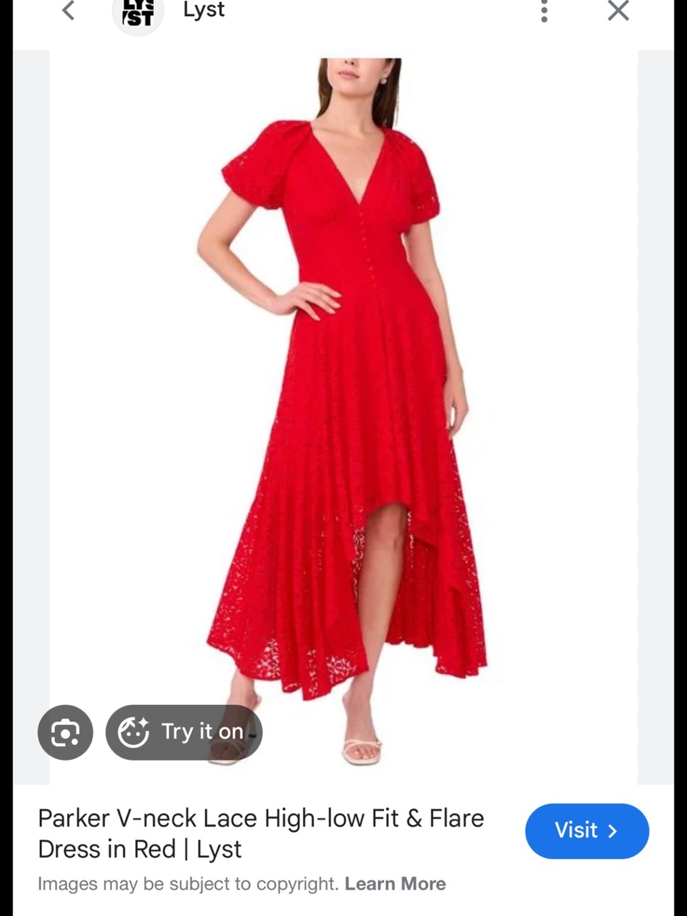Parker V-Neck Lace High-Low Fit & Flare Dress in Red size 6